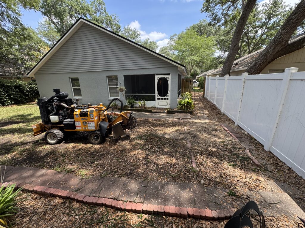 Tree Removal & Trimming in Orlando | Kevin’s Tree Service Stump grinder working in a side yard beside a house and a white vinyl fence