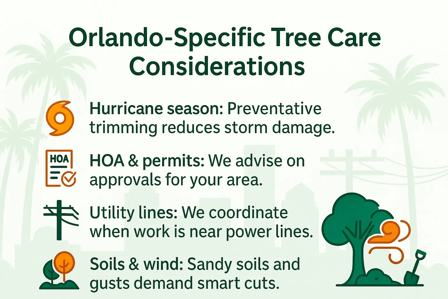 Orlando tree service infographic showing trimming and safety steps