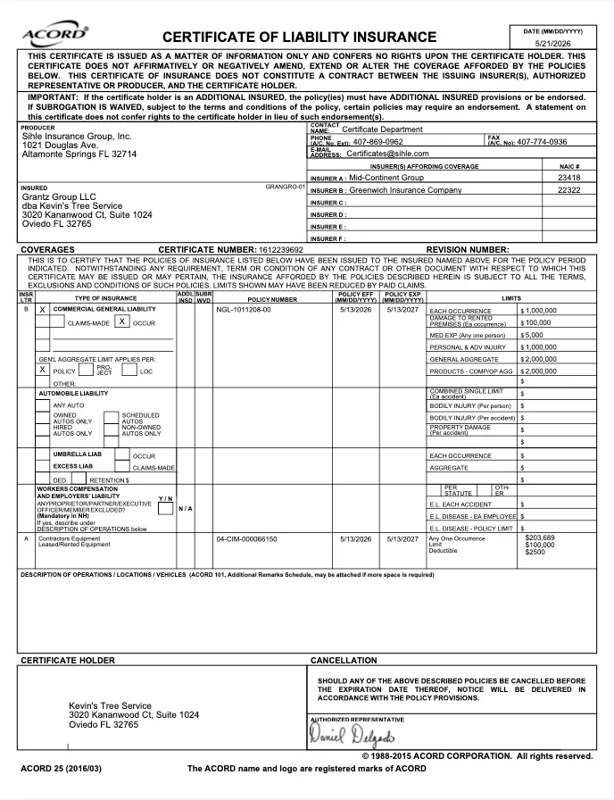 Kevin’s Tree Service — General Liability certificate (PDF)