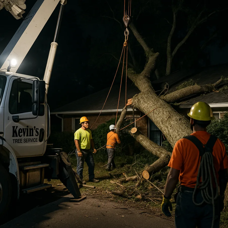 Storm damage emergency tree removal with controlled crane picks