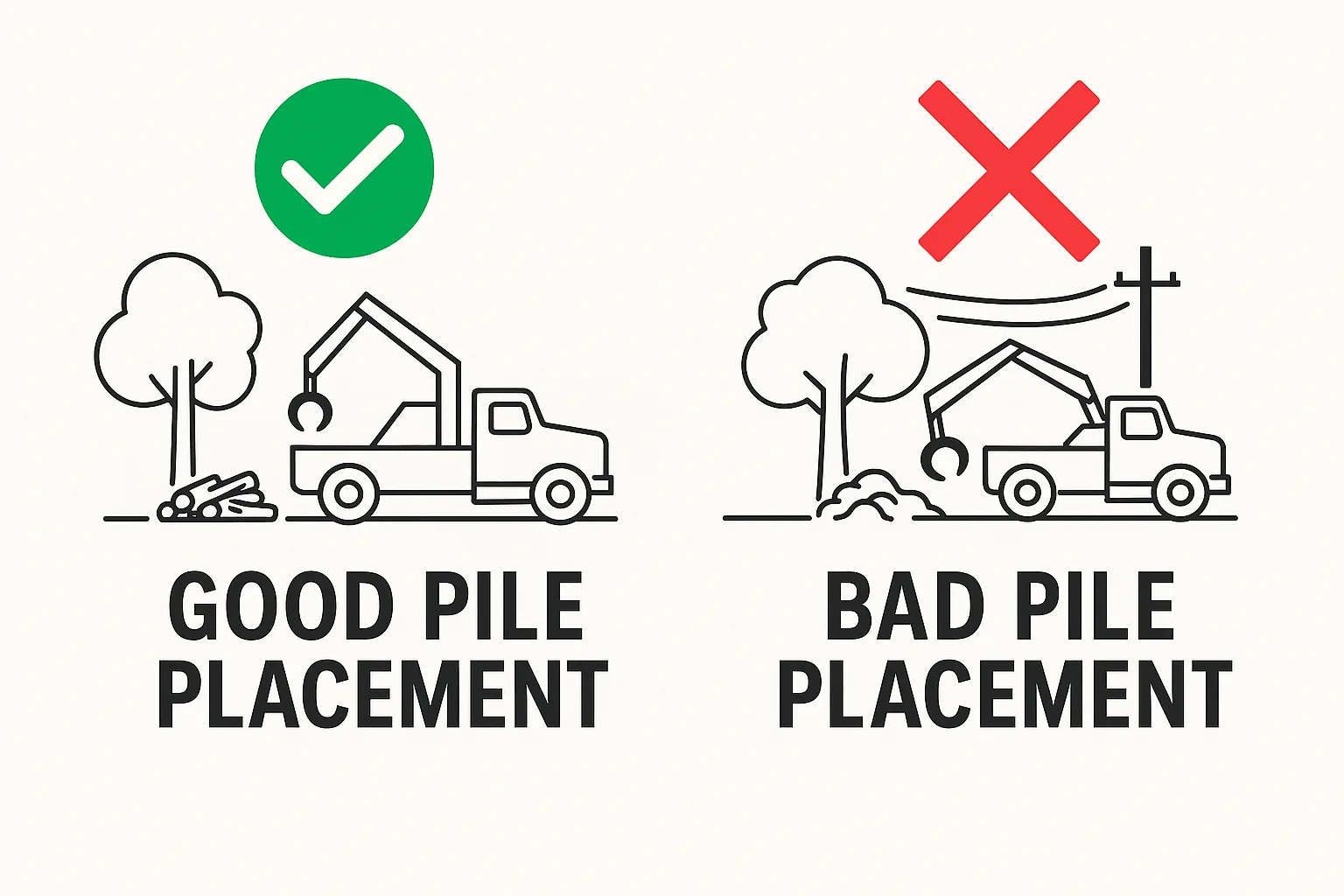 Diagram showing good vs bad debris pile placement for grapple truck access