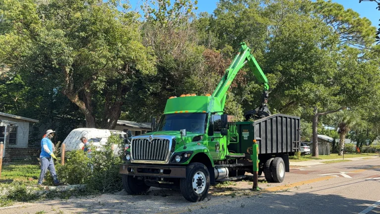 Grapple truck service loading tree debris in an Orlando neighborhood