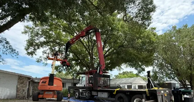 Grapple saw truck loading wood in a residential driveway