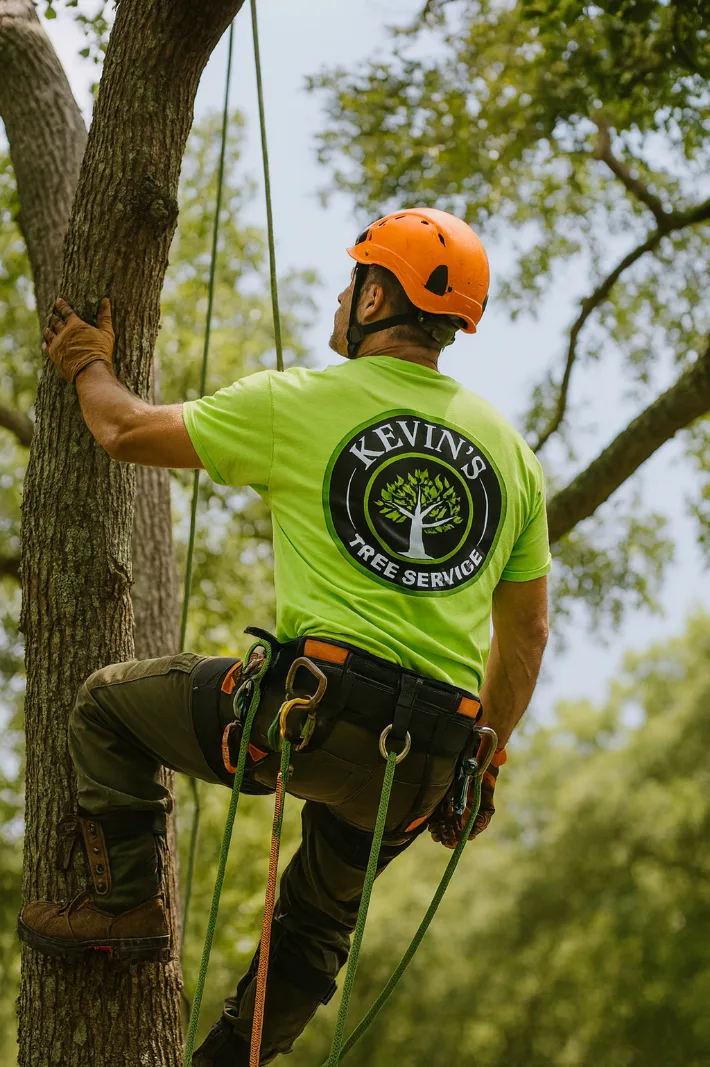 Tree Removal & Trimming in Orlando | Kevin’s Tree Service Kevin's Tree Service climber wearing a helmet and harness while working in a tree