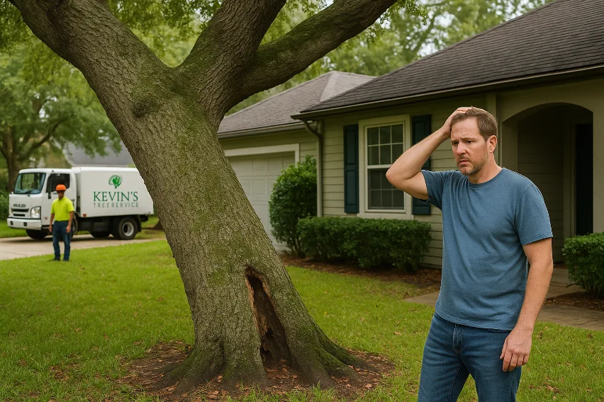 Laurel oak with decay and pronounced lean indicating removal is recommended in Orlando
