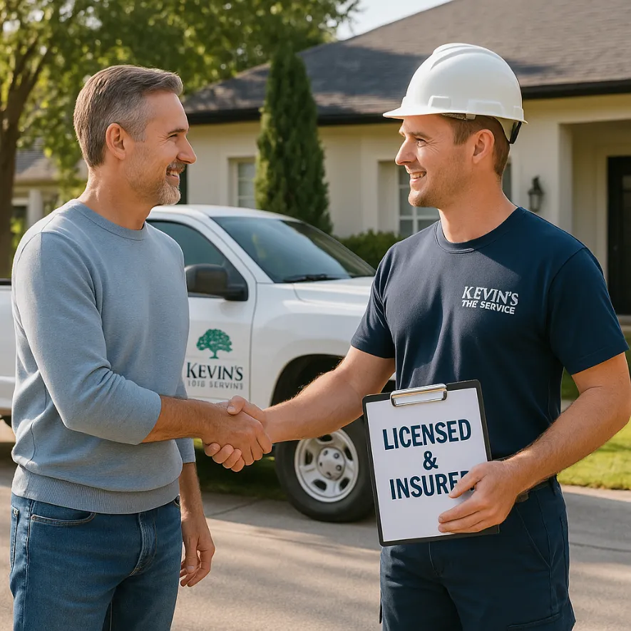 Licensed and insured Certified Arborist shaking hands with a homeowner before a tree work walkthrough