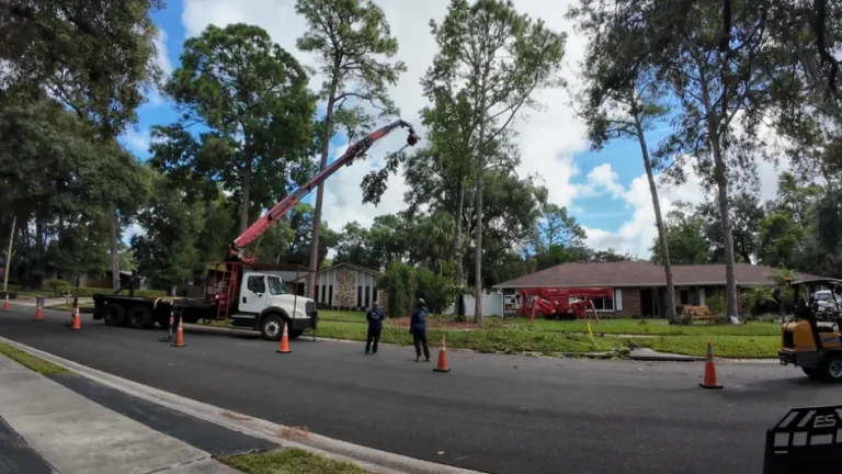 Kevin's Tree Service grapple saw crane set up on a residential street for a tree removal