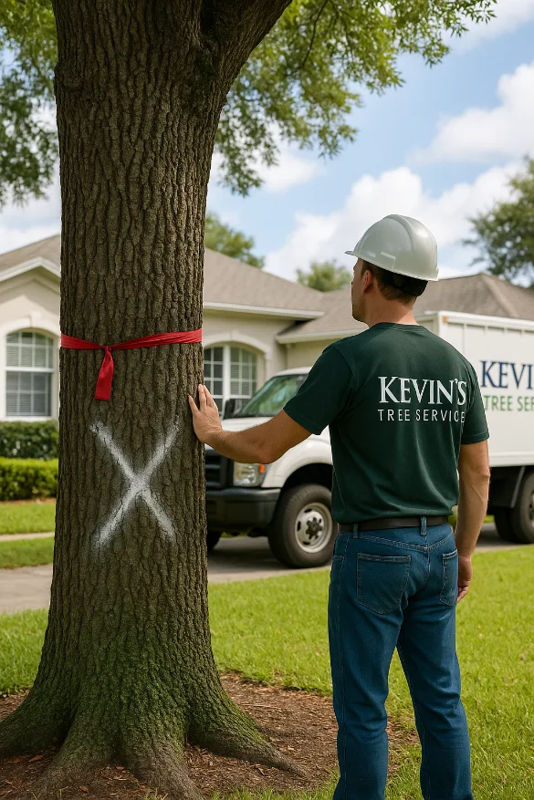 Tree marked for safe removal with permit