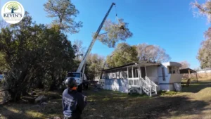 Crane picking a tree section beside a home